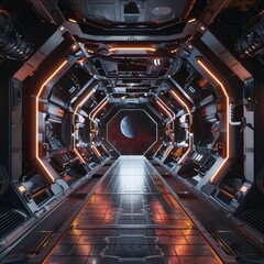 Fototapeta premium This AI-generated 3D rendering depicts the interior of a spaceship gangway, showcasing a futuristic