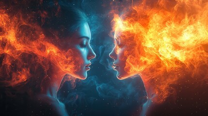A vivid artistic representation of two profiles facing each other, surrounded by swirling flames and smoke, symbolizing contrasting elements. The figures appear with diverse ethnic backgrounds.