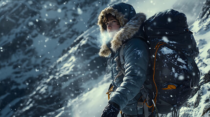 Adventurous Young Explorer Climbing Snowy Mountain in Winter