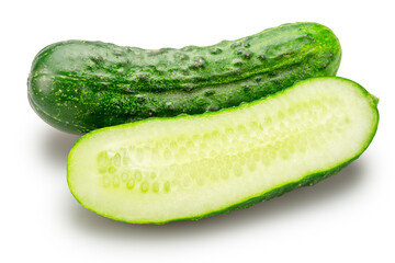 Fresh sweet small cucumber sliced in half isolated on white background. Cucumbers that are used to pickling or slicing.