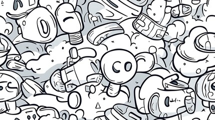 An intricate doodle pattern of a fitness-themed scene, featuring exercise equipment like treadmills, dumbbells, sneakers, and resistance bands, with silhouettes of people doing exercises.