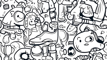 Fototapeta premium An intricate doodle pattern of a fitness-themed scene, featuring exercise equipment like treadmills, dumbbells, sneakers, and resistance bands, with silhouettes of people doing exercises.