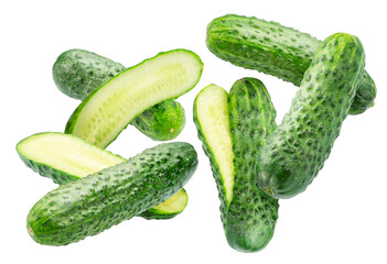 Fresh sweet small cucumbers and cucumber slices levitating in air. Cucumbers that are used to pickling or slicing. File contains clipping paths.