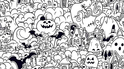 Fototapeta premium An intricate doodle pattern of a Halloween haunt scene, featuring creepy haunted houses, grinning jack-o’-lanterns, spooky ghosts, and flying bats amidst swirling mist and full moons.