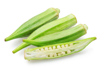 Set of okra green seed pods, and longitudinal cut of okra pod and slices isolated on white background. File contains clipping paths.