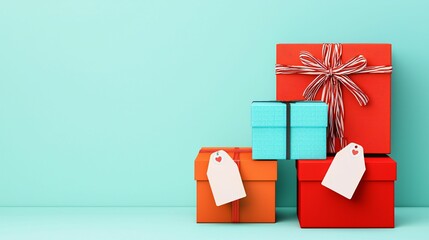 Colorful gift boxes stacked against a mint green background, featuring tags for customization, perfect for celebrations and gifting occasions.