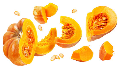 Orange round pumpkins and pumpkin slices and seeds isolated on white background.