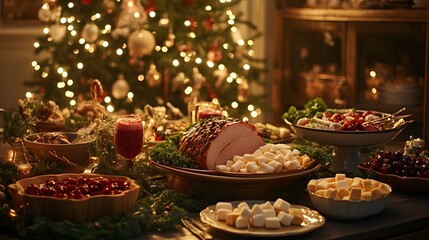 A festive Christmas dinner table with an array of traditional dishes