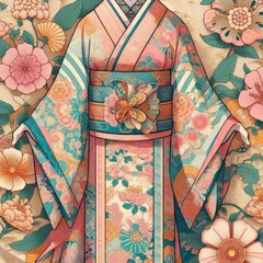 Naklejka premium Japan: Kimono: Made from silk or cotton, it's known for its intricate patterns and vibrant colors.. illustration.