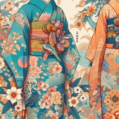 Naklejka premium Japan: Kimono: Made from silk or cotton, it's known for its intricate patterns and vibrant colors.. illustration.