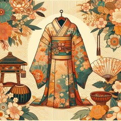 Naklejka premium Japan: Kimono: Made from silk or cotton, it's known for its intricate patterns and vibrant colors.. illustration.