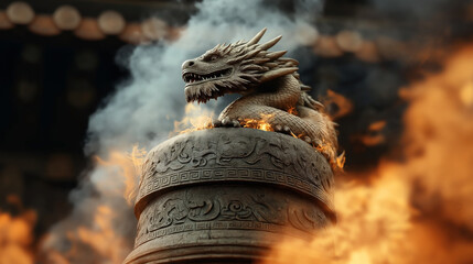 Ornate dragon sculpture on a large incense burner surrounded by flames and smoke