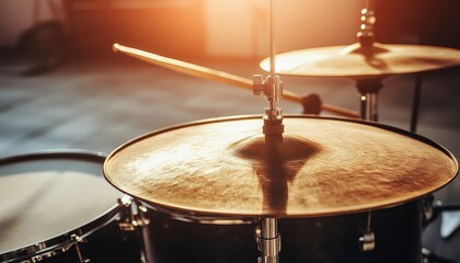 Obraz premium Close-up of Golden Drum Cymbals Bathed in Warm Sunlight Musical Instrument Photography