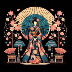Obraz premium Japan: Kimono: Made from silk or cotton, it's known for its intricate patterns and vibrant colors.. illustration.