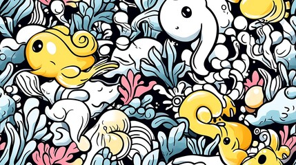 Fototapeta premium An underwater wonderland seamless pattern, illustrating whimsical sea creatures like seahorses, jellyfish, and crabs, surrounded by waving seaweed and coral branches. Bright,