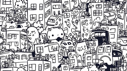 Obraz premium An intricate doodle pattern of a vibrant city scene, featuring taxis, office buildings, street vendors, and people rushing through crosswalks.