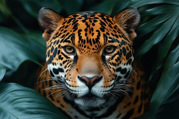Obraz premium Close-Up Portrait of a Jaguar with Focused Eyes, Surrounded by Dense Jungle Foliage, Showcasing the Majestic and Powerful Nature of Wild Cats 