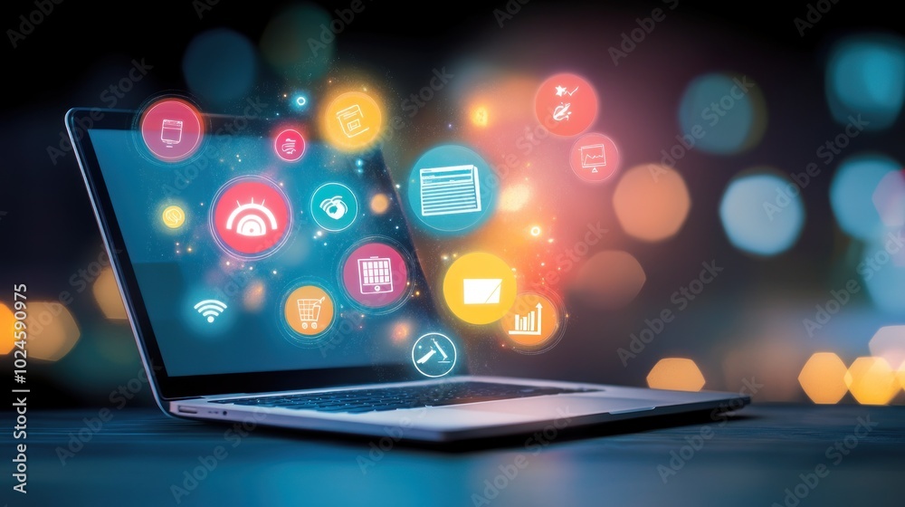 Poster Laptop Screen Displaying Colorful Circular Icons and Bokeh Lights