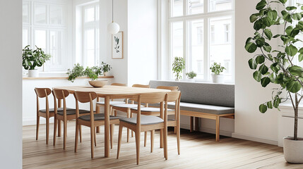 An airy dining room with natural wood furniture and white walls, offering a minimalist charm