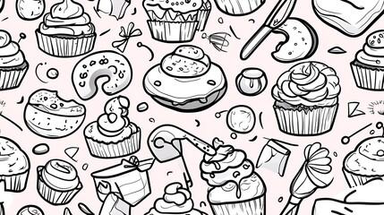 A detailed bakery-themed pattern, depicting cupcakes, donuts, bread rolls, and pie slices amidst whisks, flour bags, and rolling pins. Light,