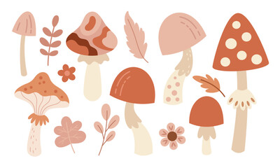 Autumn clipart set with cute mushrooms, flowers and fall leaves. Seasonal hand drawn vector illustration in flat style