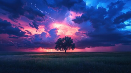 Obraz premium A dramatic, painterly scene of a lightning storm at sunset. The sky is ablaze with vibrant shades