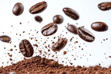 A dynamic image of dark roasted coffee beans falling through the air, with some ground coffee