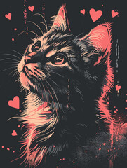 Grunge sketch of a cat with hearts. Vector illustration.