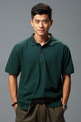 Fototapeta premium a man in a green color casual outfit standing in a studio