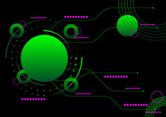 Obraz premium Hi-tech circle shapes green and purple on a black abstract background. Futuristic communication and connection concept. Cyberspace, digital innovation, computer algorithm.