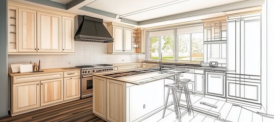 Custom Kitchen Remodel Design Overlay with Cabinets, Island, Hardwood Floors, and Appliances
