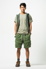 Naklejka premium a man in a green color casual outfit standing in a studio