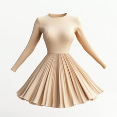 Obraz premium Beige dress with long sleeves and pleated skirt, accessorized with a delicate gold necklace and matching earrings. Background features a lush garden with vibrant flowers.