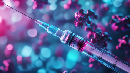 Exploring the microscopic world of medical advancements with a vivid syringe among active cells