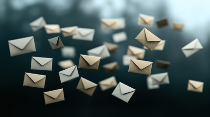 Multiple paper envelopes floating in mid-air against a blurred dark background, creating a sense of movement and communication.