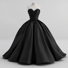 Naklejka premium Black ball gown: Sweetheart neckline, full skirt with a train, elegant beaded details, worn by a woman posing in a grand hall.