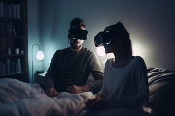 a young couple in virtual reality glasses get a new interesting experience. young couple is having fun in bed together Generative AI