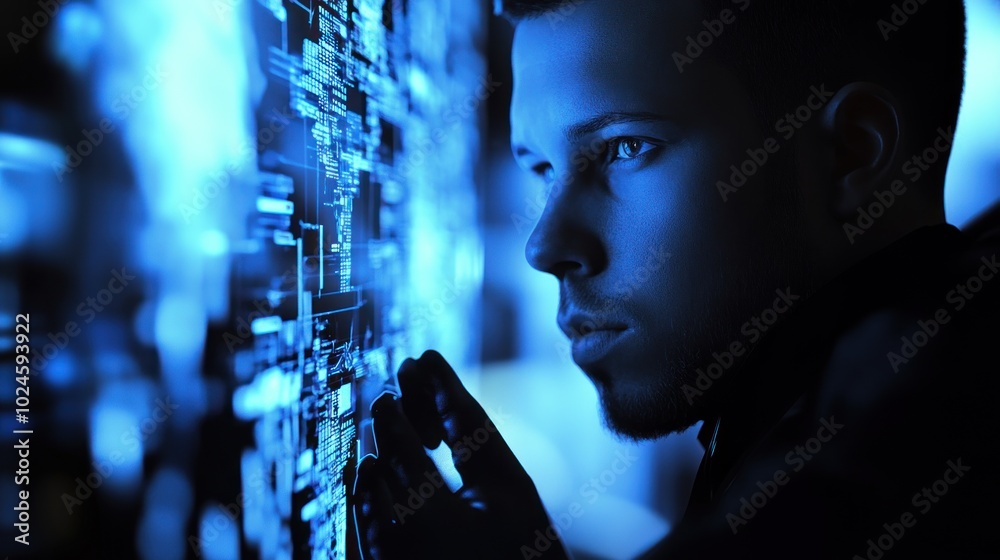 Aufkleber man in shadowed silhouette, interacting with digital interface