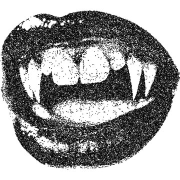 Creepy Halloween vampire mouth collage element with vintage stippling photocopy effect. Retro vector illustration for psychedelic surreal poster, with experimental grunge dotted texture