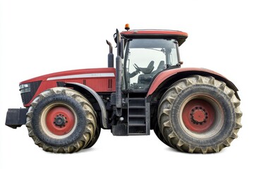 A large red tractor with rugged tires and a cabin sits at a slight angle, showing its robust