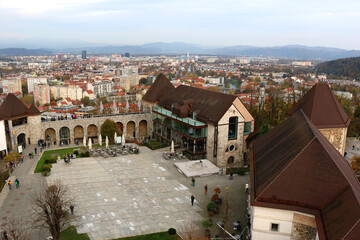 Aerial view of central Ljubljana, capital of  Slovenia, from Ljubljana Castle. Autumn in the picturesque city.