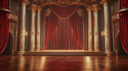 Fototapeta premium A grand orchestra hall stage with red velvet curtains and gilded columns, exuding elegance and a sense of anticipation.