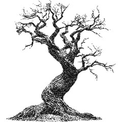 Creepy Halloween old tree collage element with vintage stippling photocopy effect. Retro vector illustration for psychedelic surreal poster, with experimental grunge dotted texture