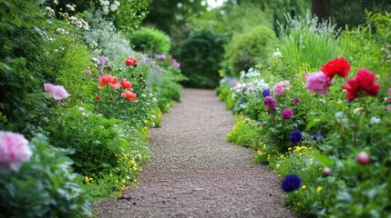 Lush Garden Pathway Surrounded by Colorful Flowers