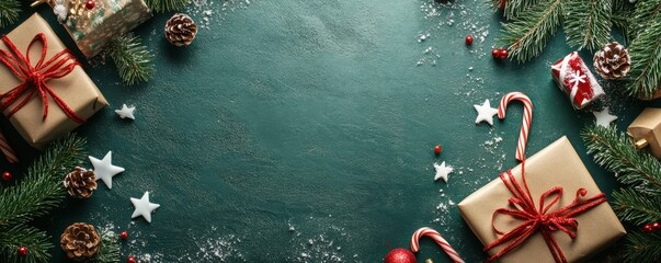 Christmas presents and decorations with pine branches on a green background creating a festive holiday atmosphere