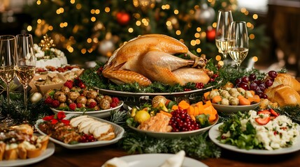 A festive Christmas dinner table with an array of traditional dishes