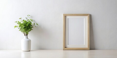 Minimalist Display of an Empty Picture Frame and Vase on a Clean Wall for Conceptual Photography
