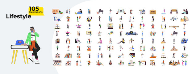 Everyday moments cartoon flat illustrations mega bundle. Moving house construction. Streaming tv. Hindu deepawali. Winter hazards 2D images isolated on white. Collection vector drawings colorful