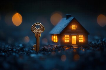 vintage brass key hovering over a miniature craftsmanstyle house model soft warm lighting shallow depth of field with bokeh effect textured wooden background suggesting home warmth