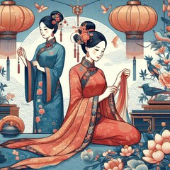China: Silk: A staple of Chinese culture, silk is used in various garments, including cheongsams and qipaos. illustration.	